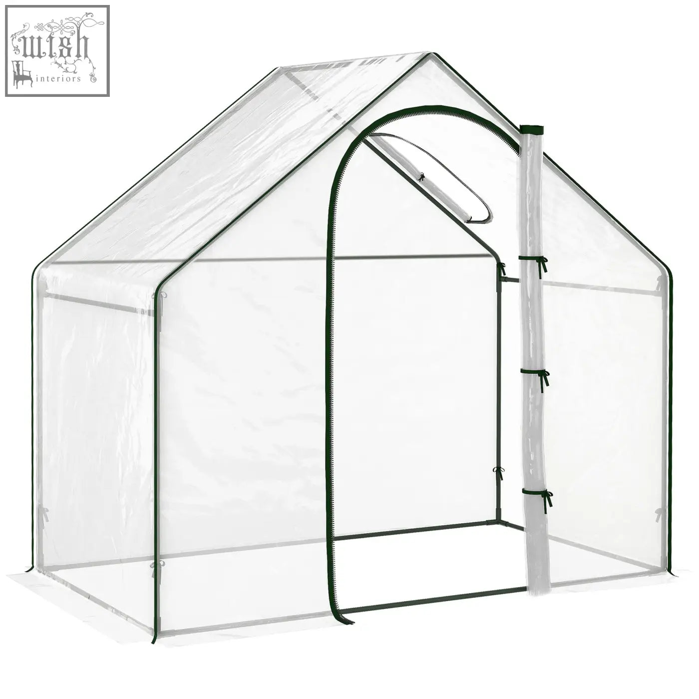 Outsunny walk in pvc greenhouse with clear plastic cover, green trim, steel frame, and white support pole for extra stability