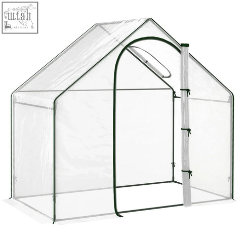 Outsunny walk in pvc greenhouse with clear plastic cover, green trim, steel frame, and white support pole for extra stability