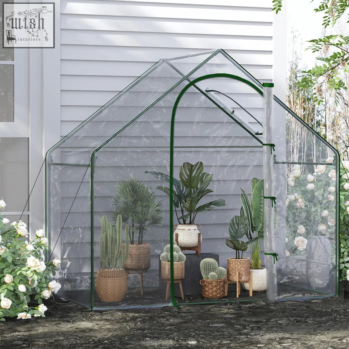 Green framed outsunny walk in greenhouse with steel frame plastic cover and extra stability housing potted plants