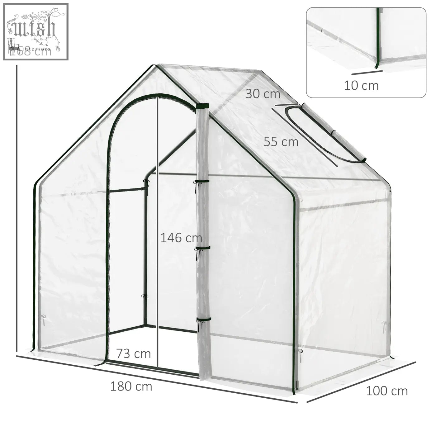 Clear pvc greenhouse with steel frame and plastic cover featuring black trim and central pole for extra stability