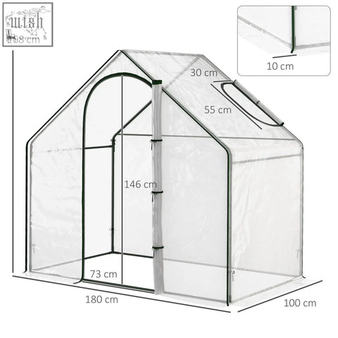 Clear pvc greenhouse with steel frame and plastic cover featuring black trim and central pole for extra stability