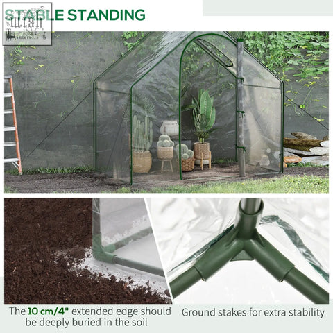 Green plastic framed outsunny walk in greenhouse with steel frame plastic cover and ground stakes for extra stability