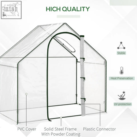 Transparent pvc greenhouse with steel frame and green trim for extra stability and plastic cover protection outdoors