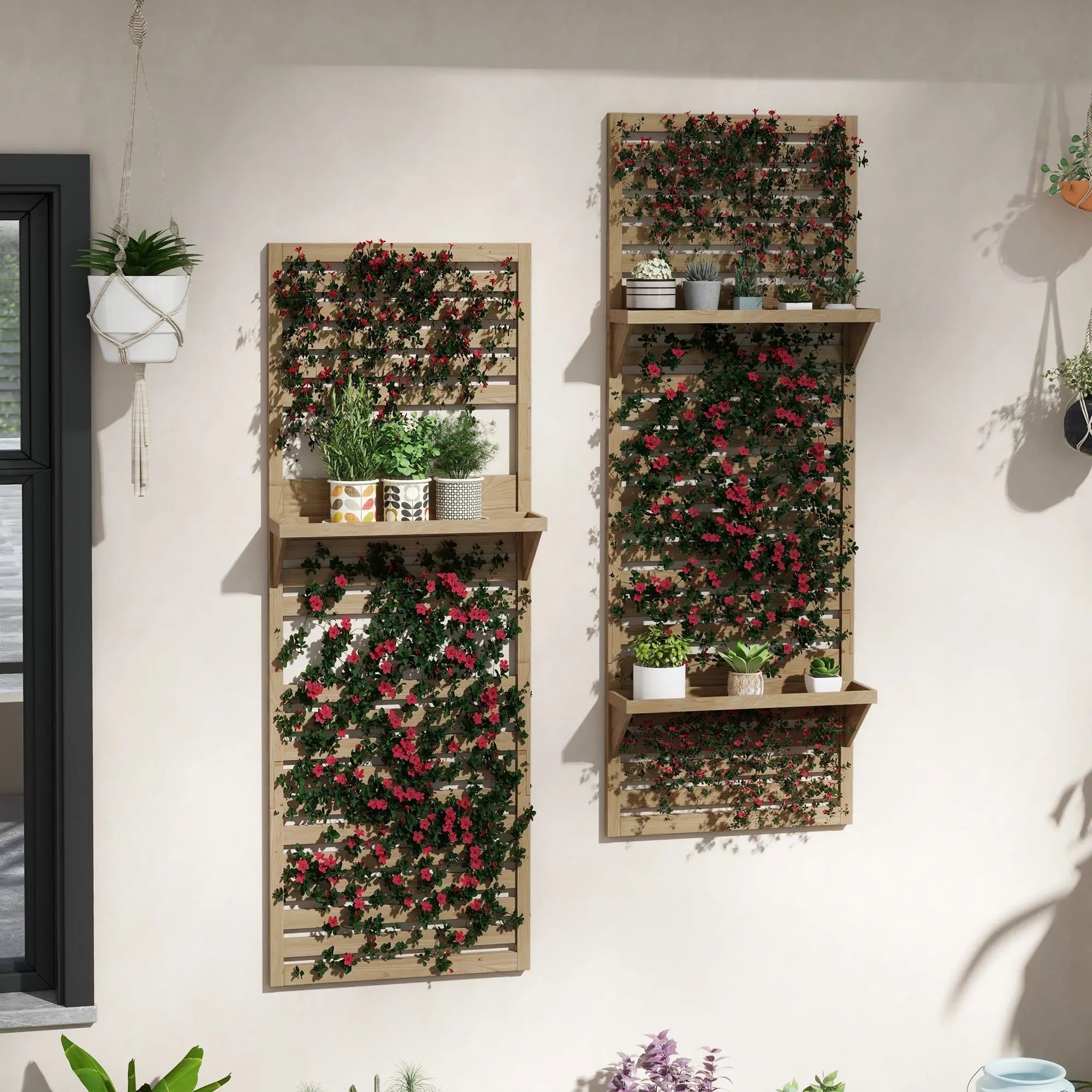 Two vertical fir wood plant stands with slatted shelves covered in green plants and pink flowers for patio use