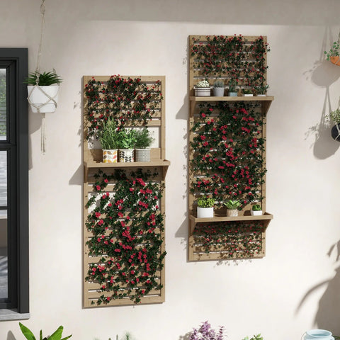 Two vertical fir wood plant stands with slatted shelves covered in green plants and pink flowers for patio use