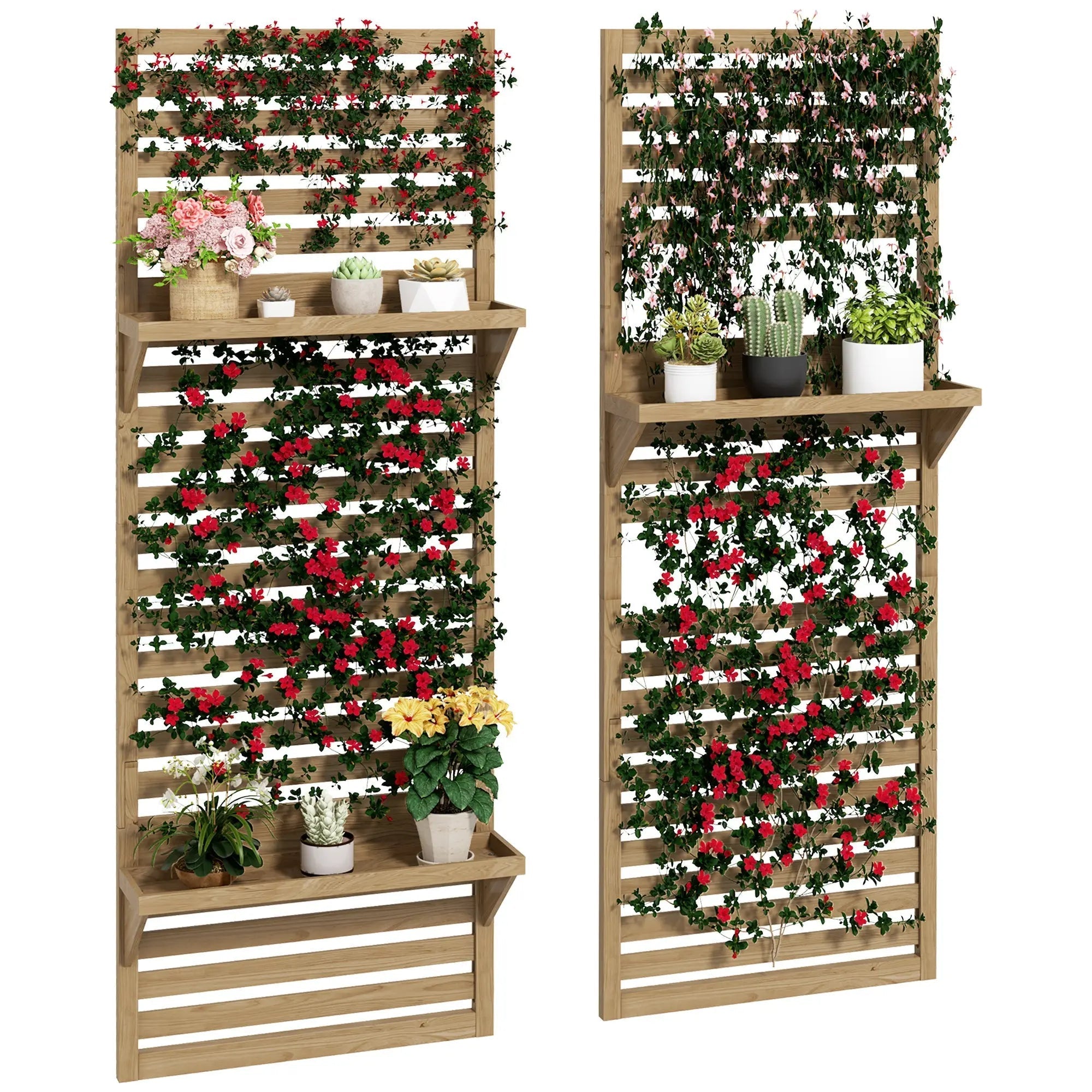 Light brown fir wood plant stand with vertical trellis and shelves holding climbing red flowers for patio or balcony