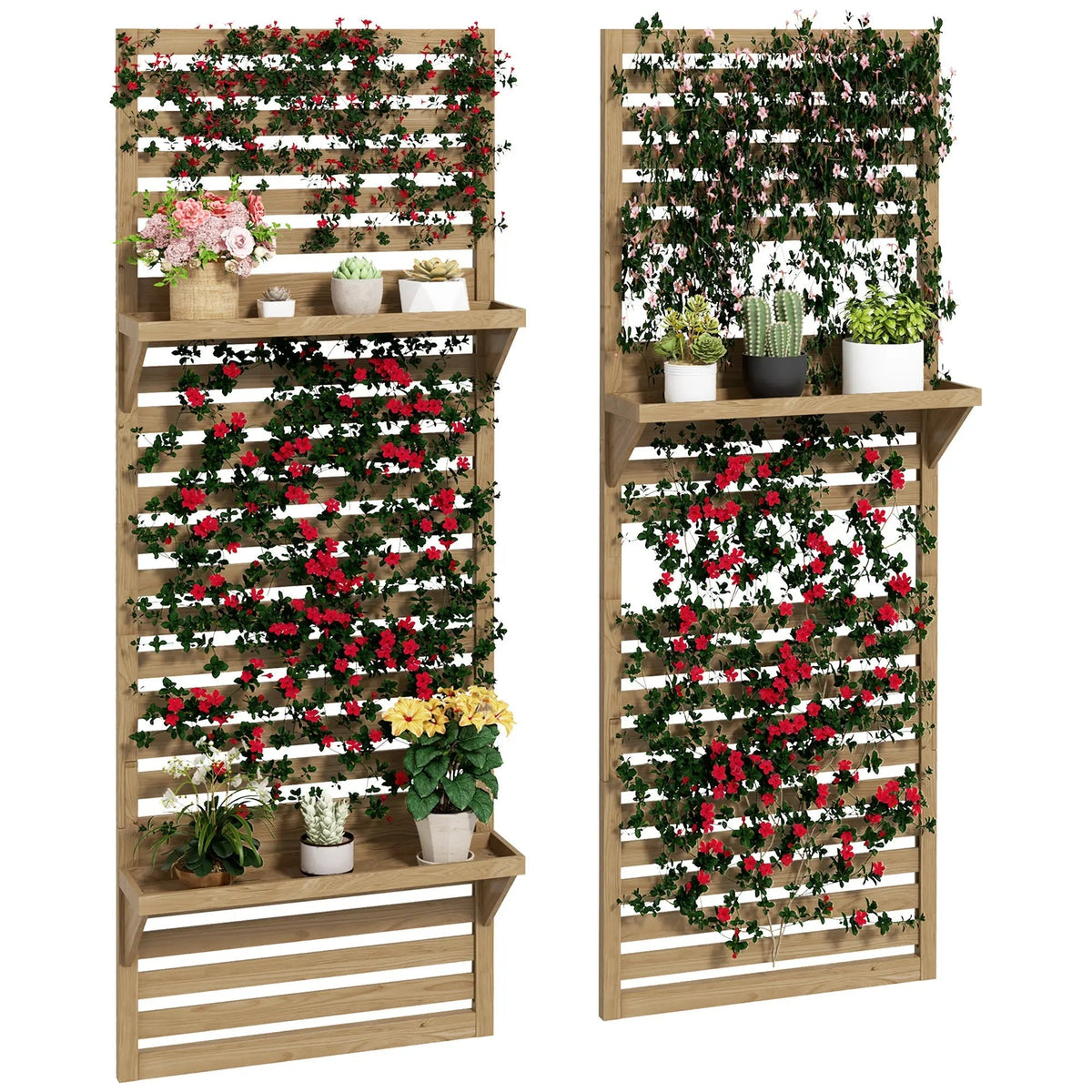 Light brown fir wood plant stand with vertical trellis and shelves holding climbing red flowers for patio or balcony