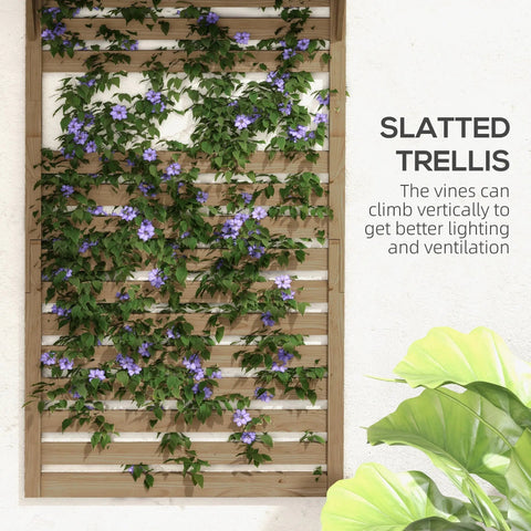 A fir wood plant stand with slatted trellis and purple flowering vines climbing for patio or balcony use