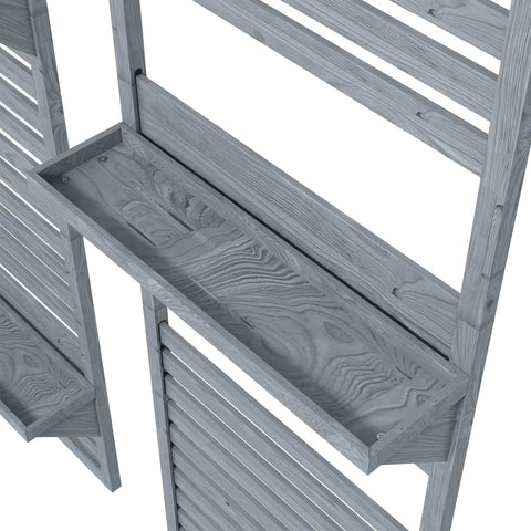 Gray fir wood plant stand with slatted trellis and integrated shelf for patio balcony or porch use