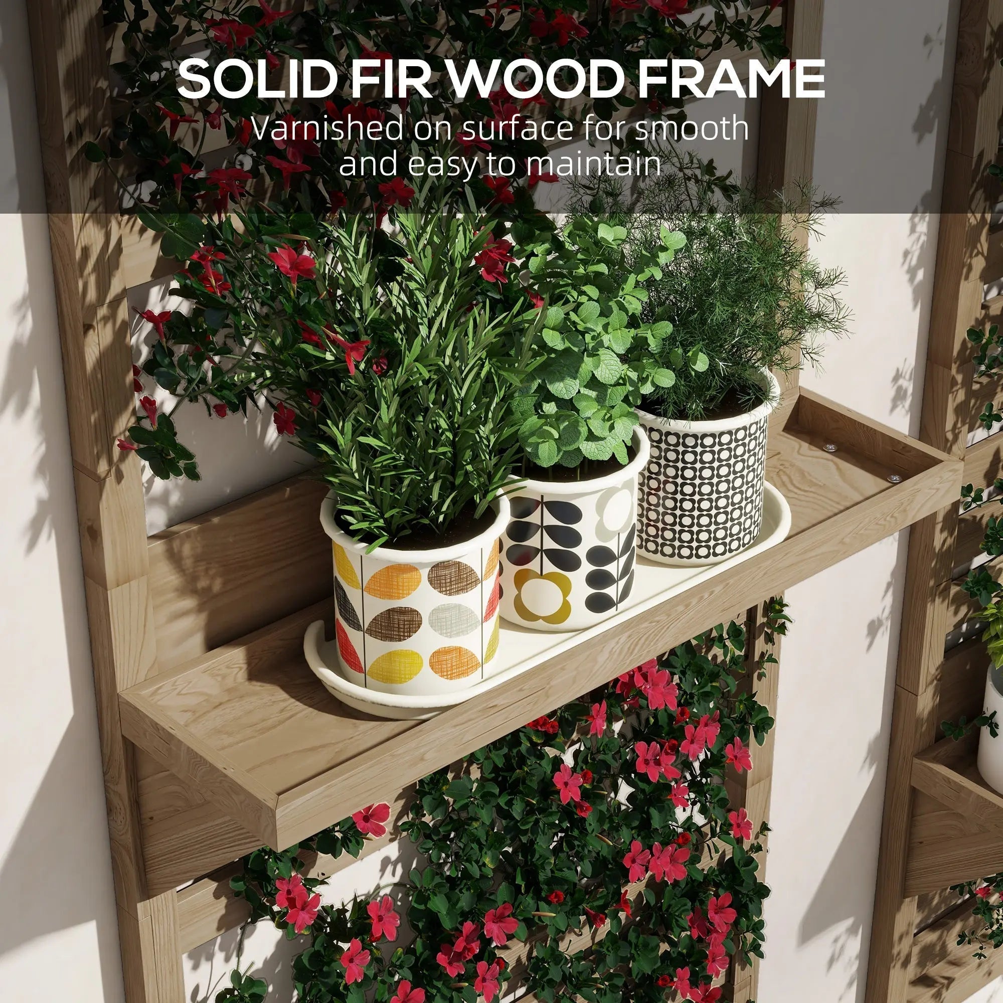 Three ceramic planters with bold patterns on fir wood plant stand ideal for outdoor plant display on patio or balcony