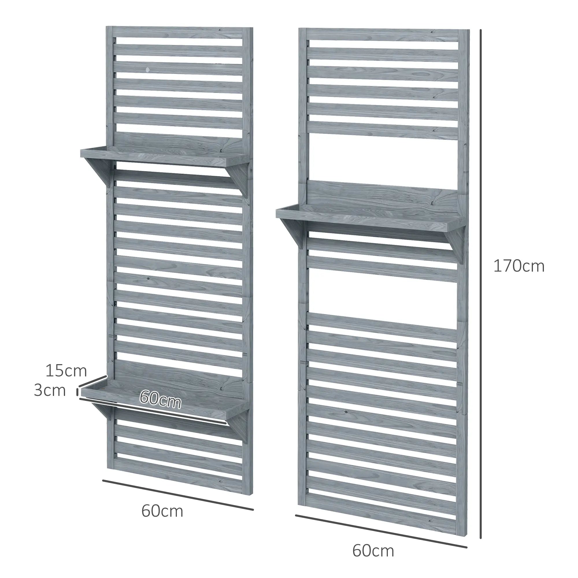 Gray fir wood wall-mounted plant stand with three shelves and vertical slats for patio or balcony use