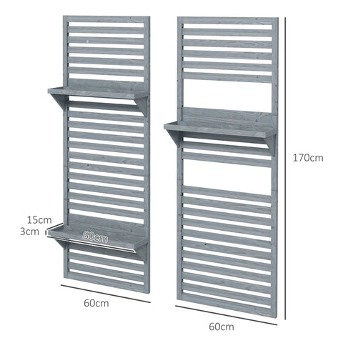 Gray fir wood wall-mounted plant stand with three shelves and vertical slats for patio or balcony use