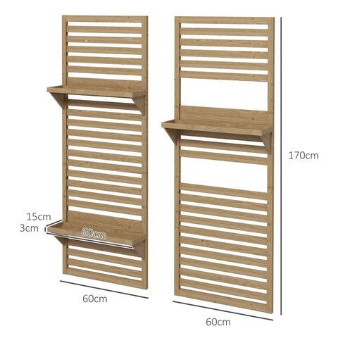 Light brown fir wood wall mounted plant stand with two slatted shelves perfect for patio or balcony use