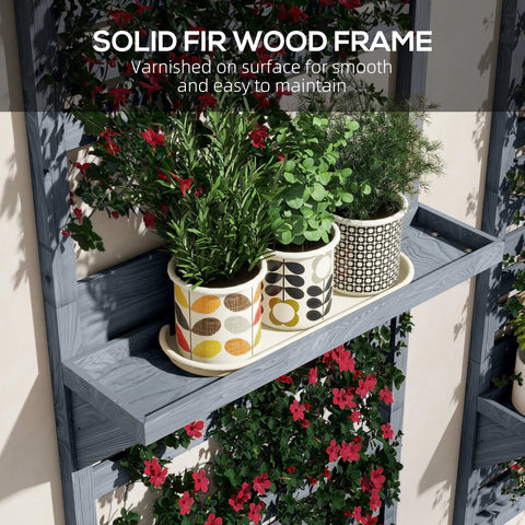 Three colorful ceramic planters on a gray fir wood plant stand perfect for outdoor plant display on patio or balcony