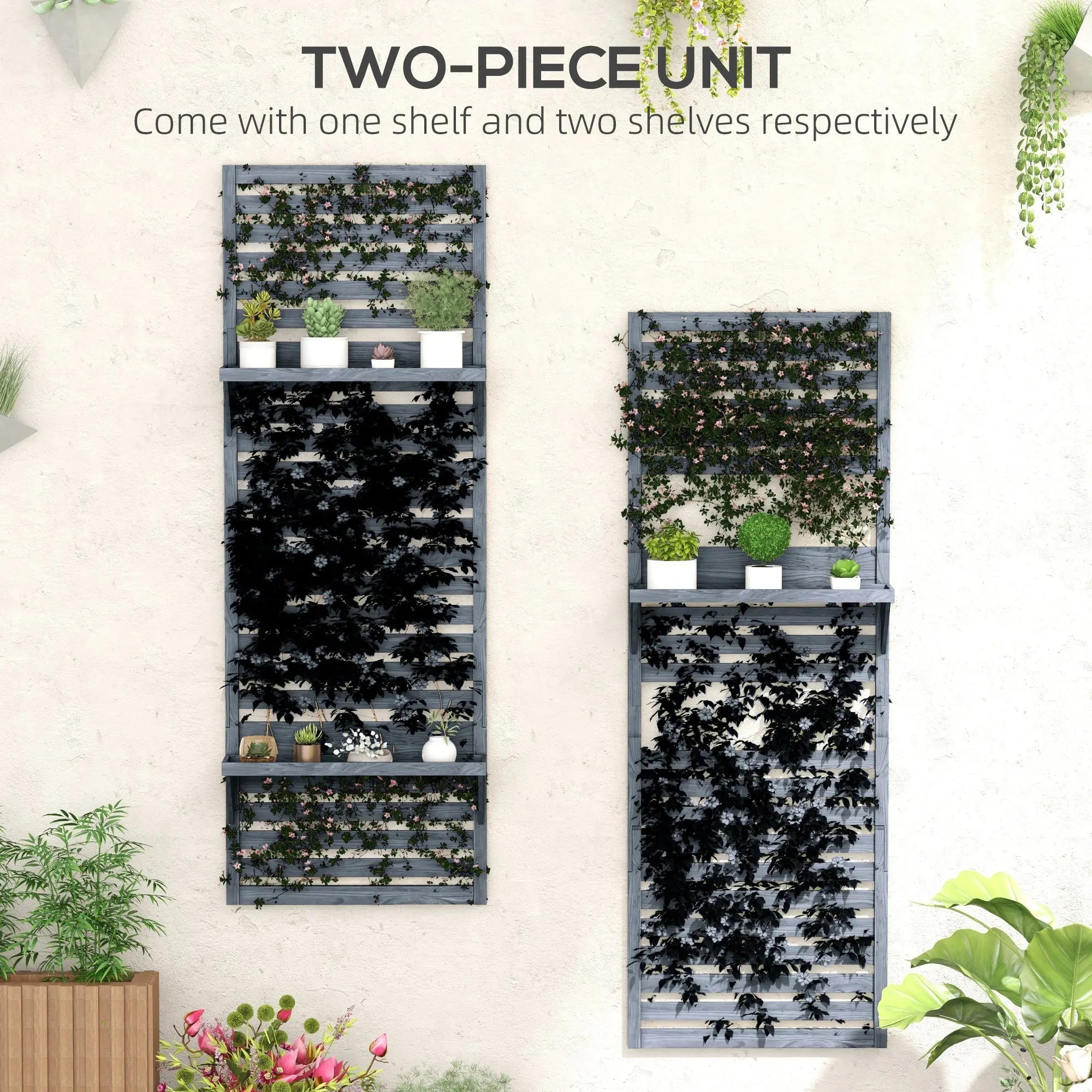 Gray fir wood plant stand with three shelves and ivy-covered slatted trellis for patio or balcony wall mounting