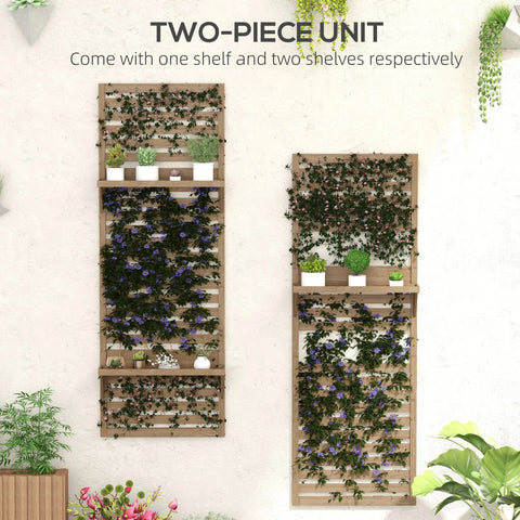 Outsunny fir wood plant stands set of 2 with vertical slatted shelves covered in ivy and purple flowering vines