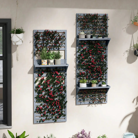 Gray fir wood wall mounted plant stands with shelves and vines for patio balcony porch by outsunny