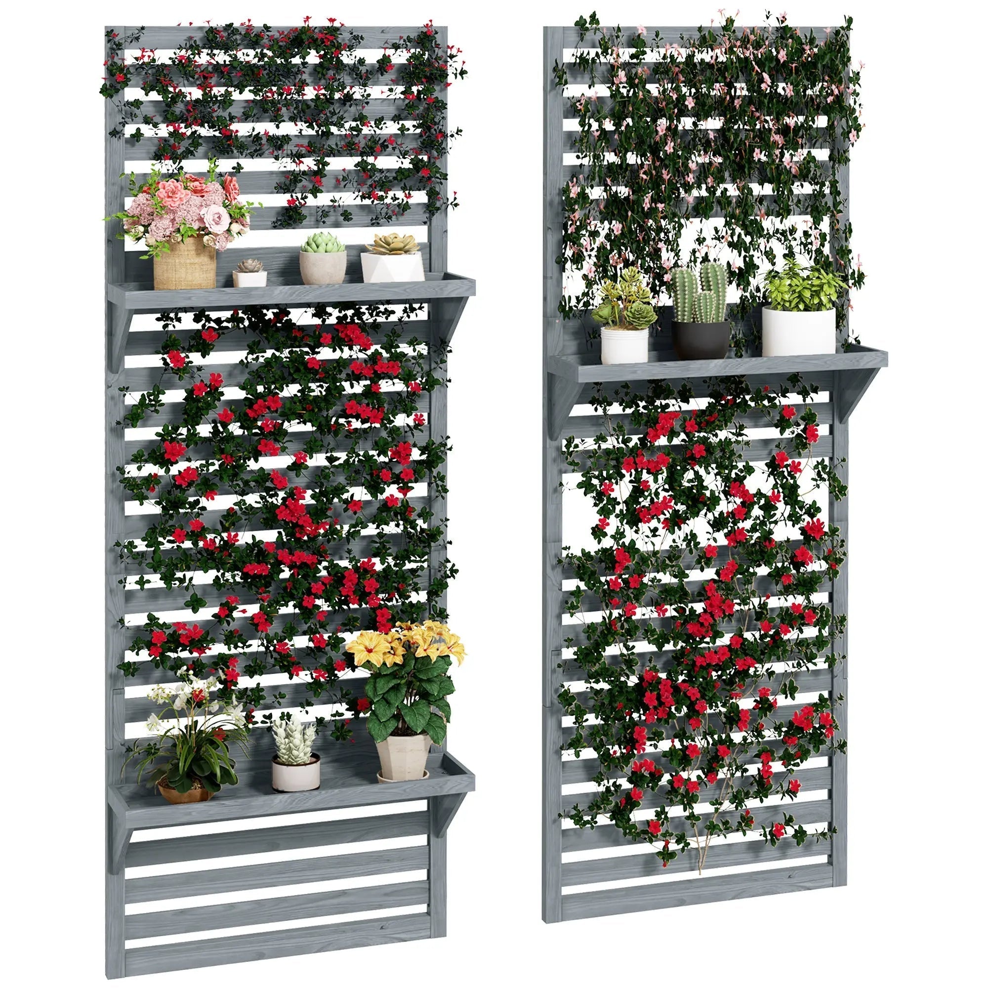 Gray fir wood outdoor plant stand set of 2 with vertical trellis and shelves featuring climbing red flowers