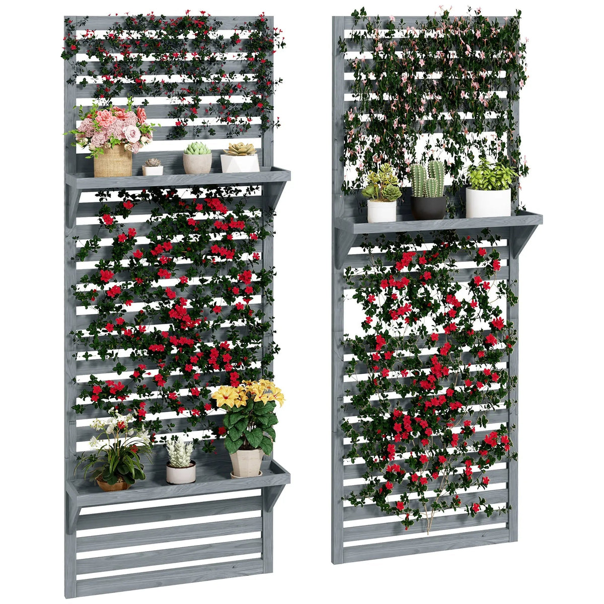 Gray fir wood outdoor plant stand set of 2 with vertical trellis and shelves featuring climbing red flowers