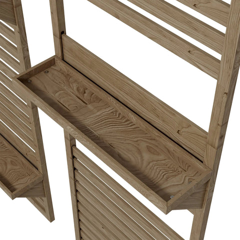 Outsunny light brown fir wood plant stand set with slatted trellis and shelf for outdoor plant display on patio