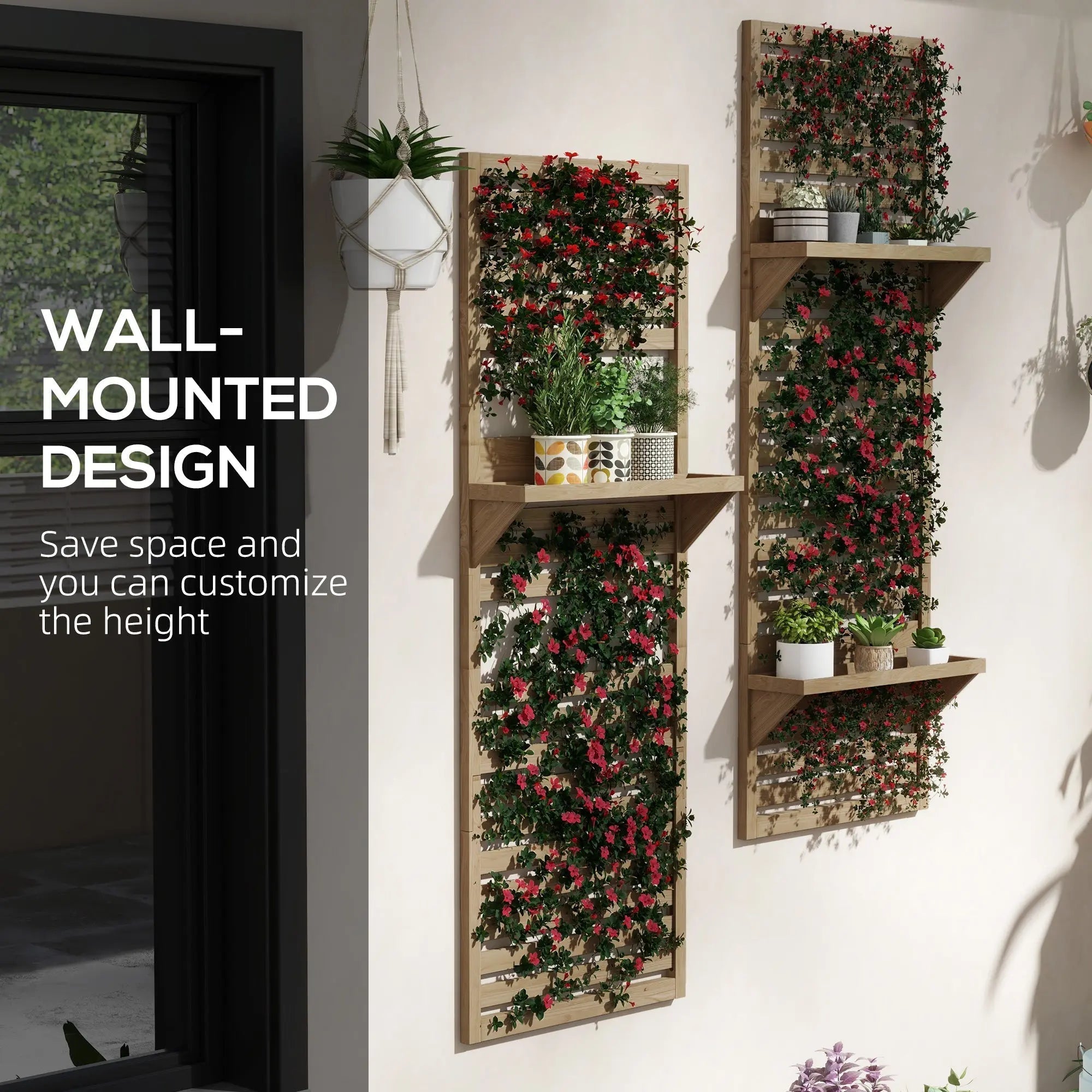 Outsunny fir wood wall mounted plant stands with vertical trellis and woven baskets holding pink flowers and greenery