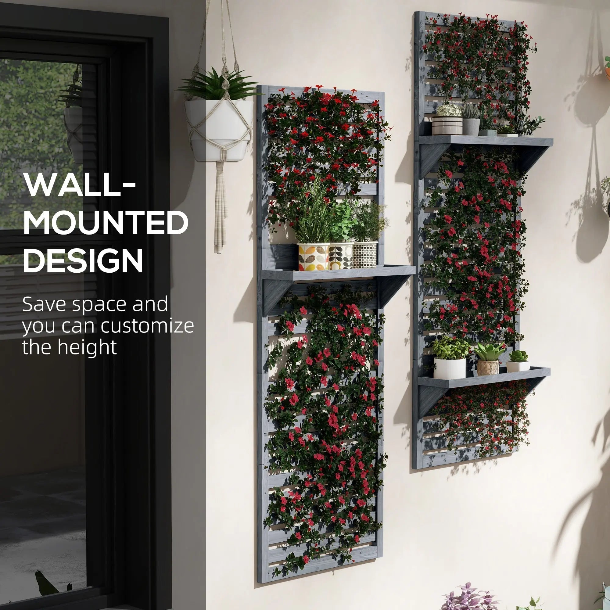 Gray fir wood wall mounted plant stands with built-in shelves and slatted trellis featuring pink flowers and greenery