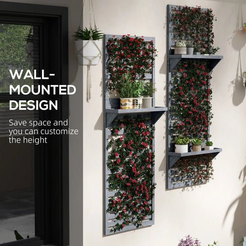 Gray fir wood wall mounted plant stands with built-in shelves and slatted trellis featuring pink flowers and greenery