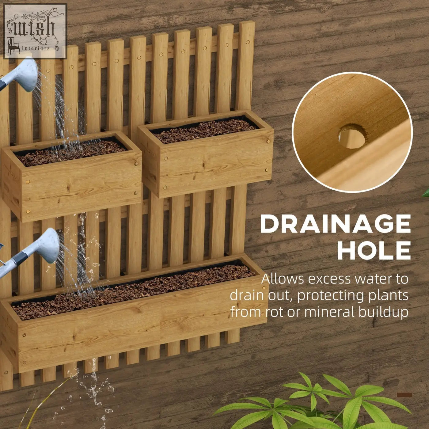 Outsunny light brown wooden wall-mounted planter box with three compartments and drainage holes for patio use