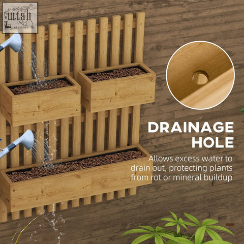 Outsunny light brown wooden wall-mounted planter box with three compartments and drainage holes for patio use