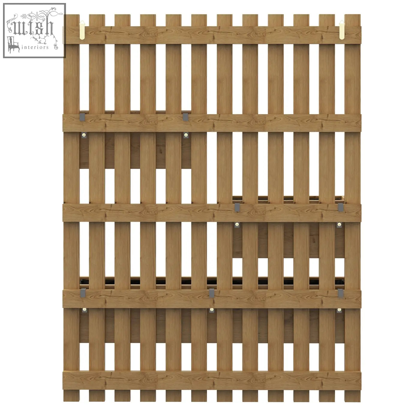 Light brown wooden garden fence with vertical slats and horizontal supports behind outsunny planter box with two small drainage holes