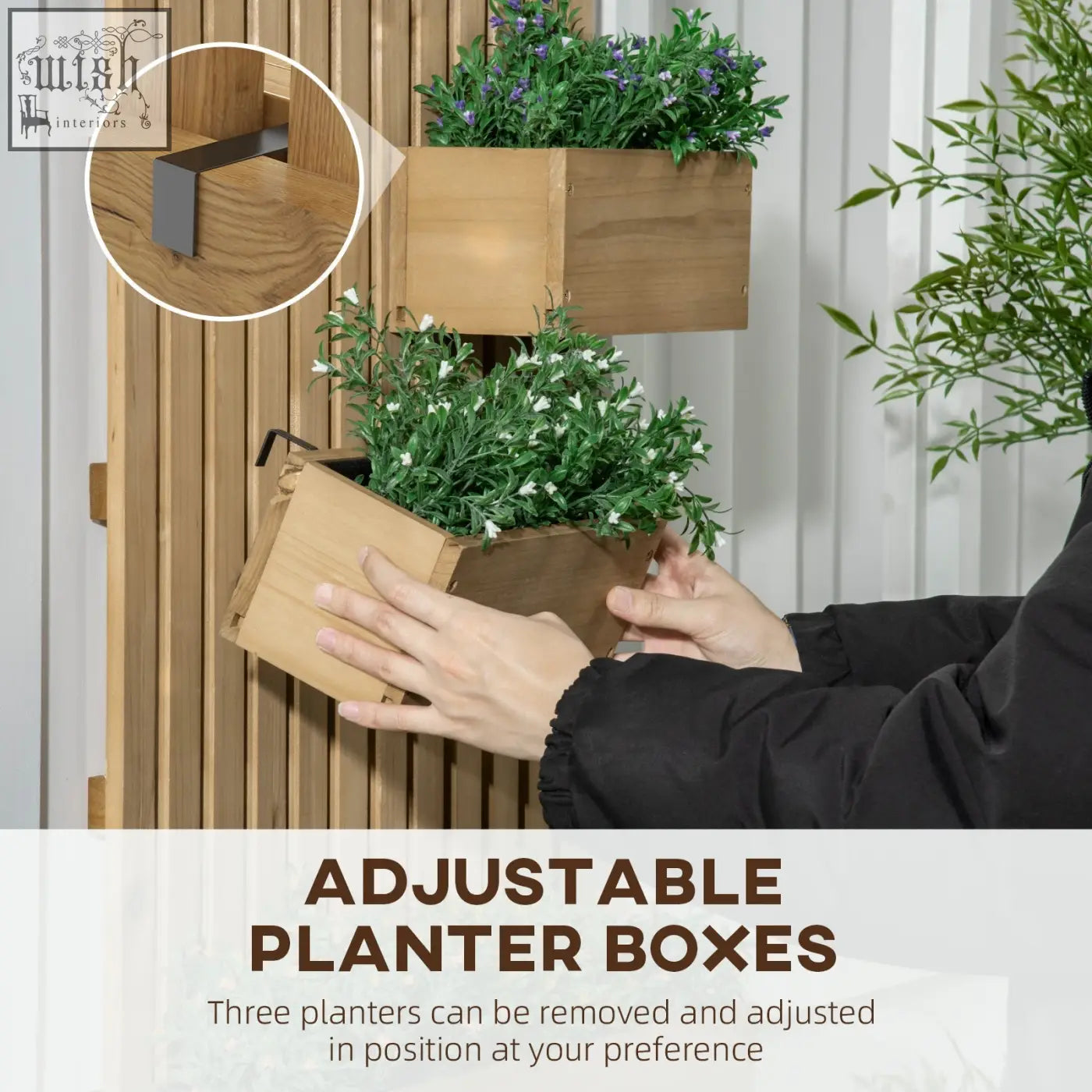 Light brown wooden planter box with black metal brackets featuring two small boxes and drainage holes for patio use