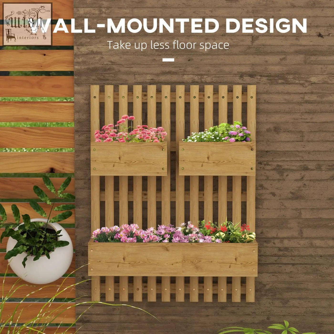 Light brown outsunny wall-mounted wooden planter box with three compartments and drainage holes for patio use
