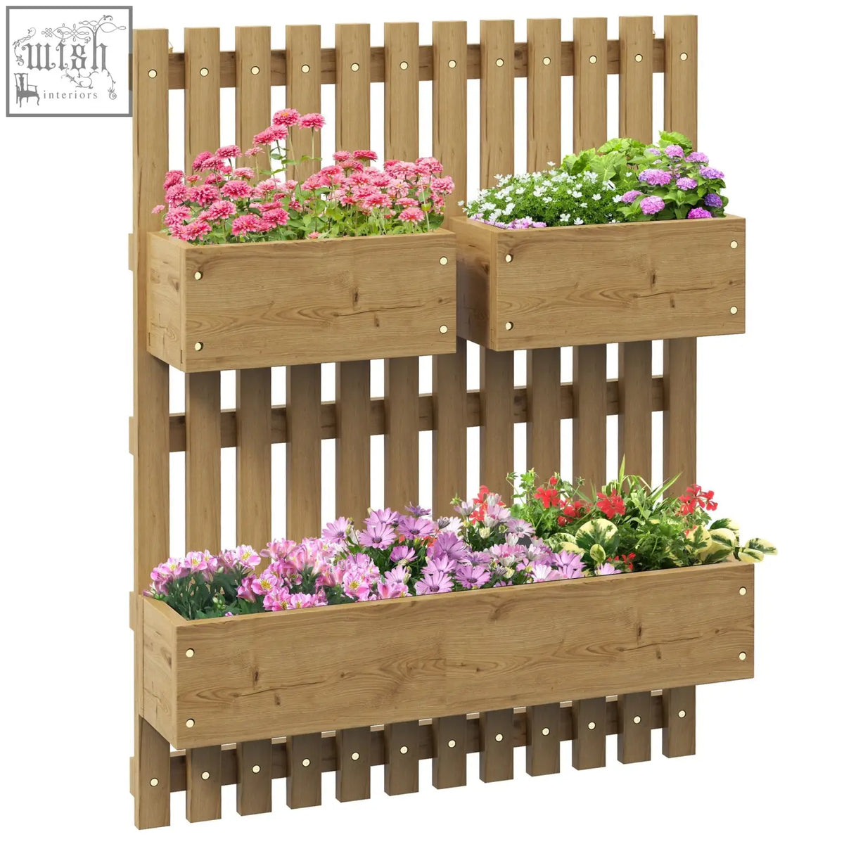 Light brown wooden wall-mounted planter box with three carbonised boxes featuring drainage holes and colorful flowers