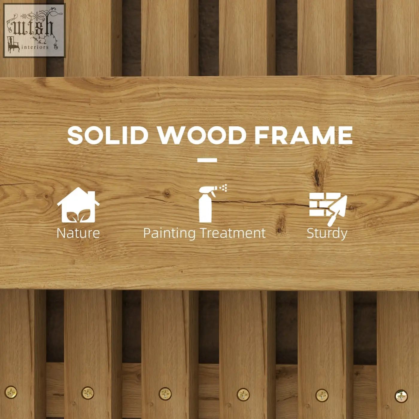 A light brown solid wood planter box frame with natural grain and visible screws for two small drainage holes