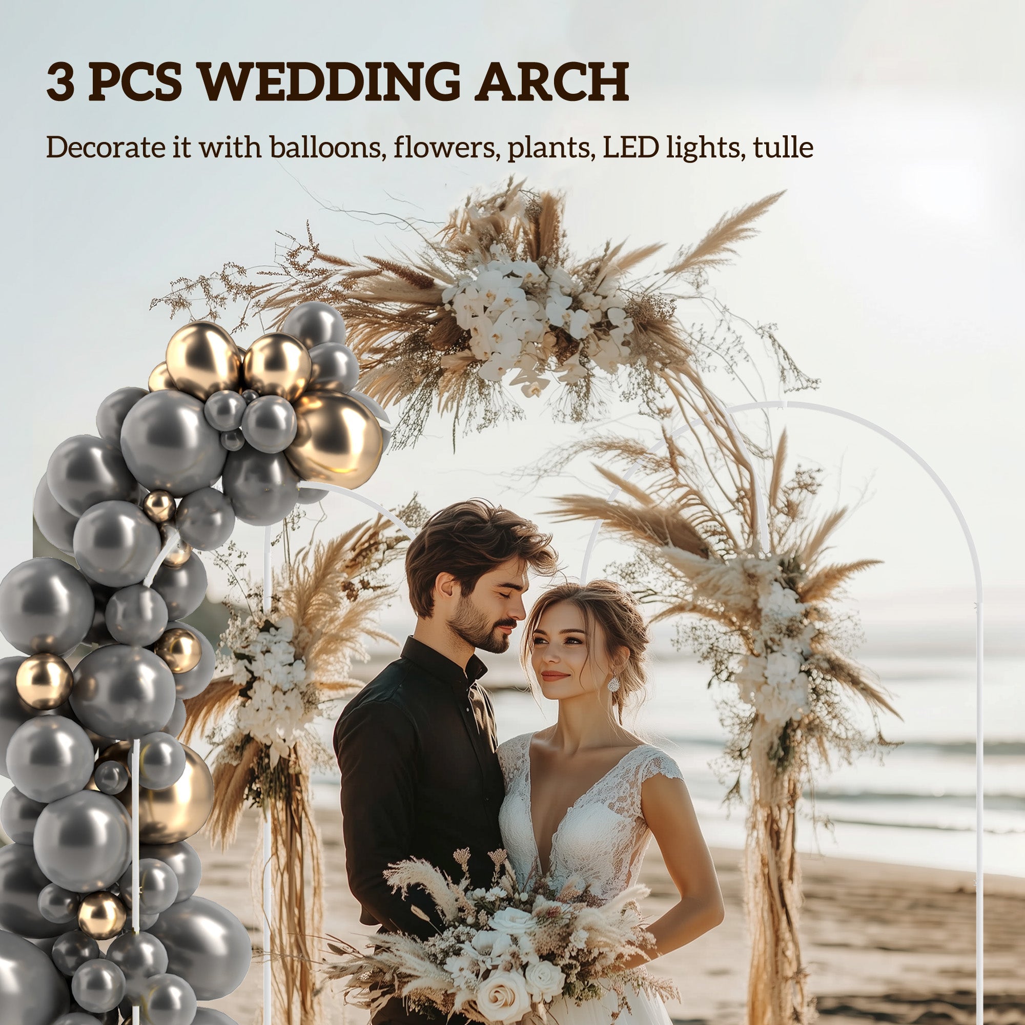 Outsunny wedding arch metal balloon arch stand set in silver and gold with pampas grass and white flowers for weddings