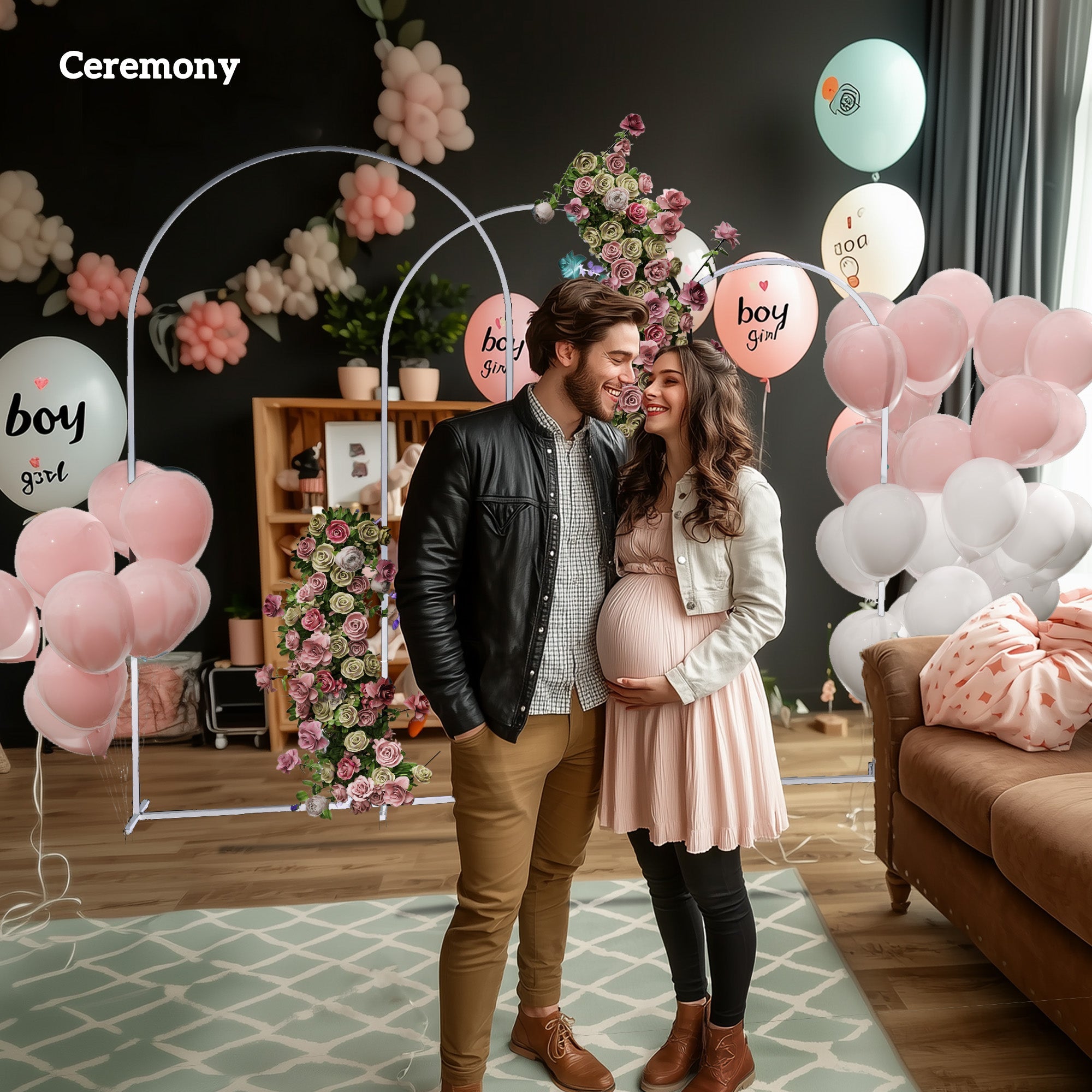 A pregnant woman stands beside her partner near a white metal outsunny wedding arch frame set with arch dimension options