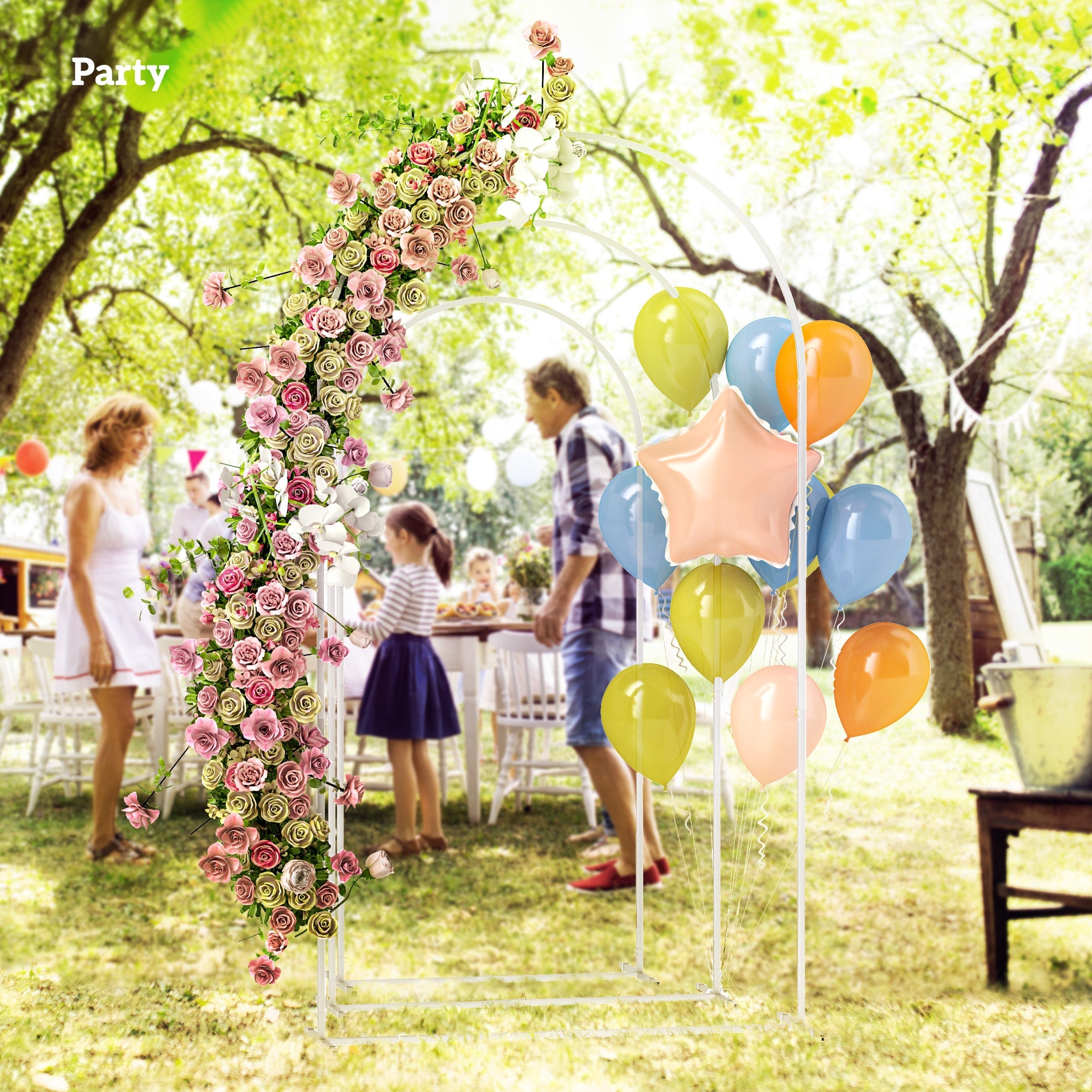 Outsunny wedding arch metal frame in white with arch dimensions 2.2m adorned with cascading pink peach cream roses