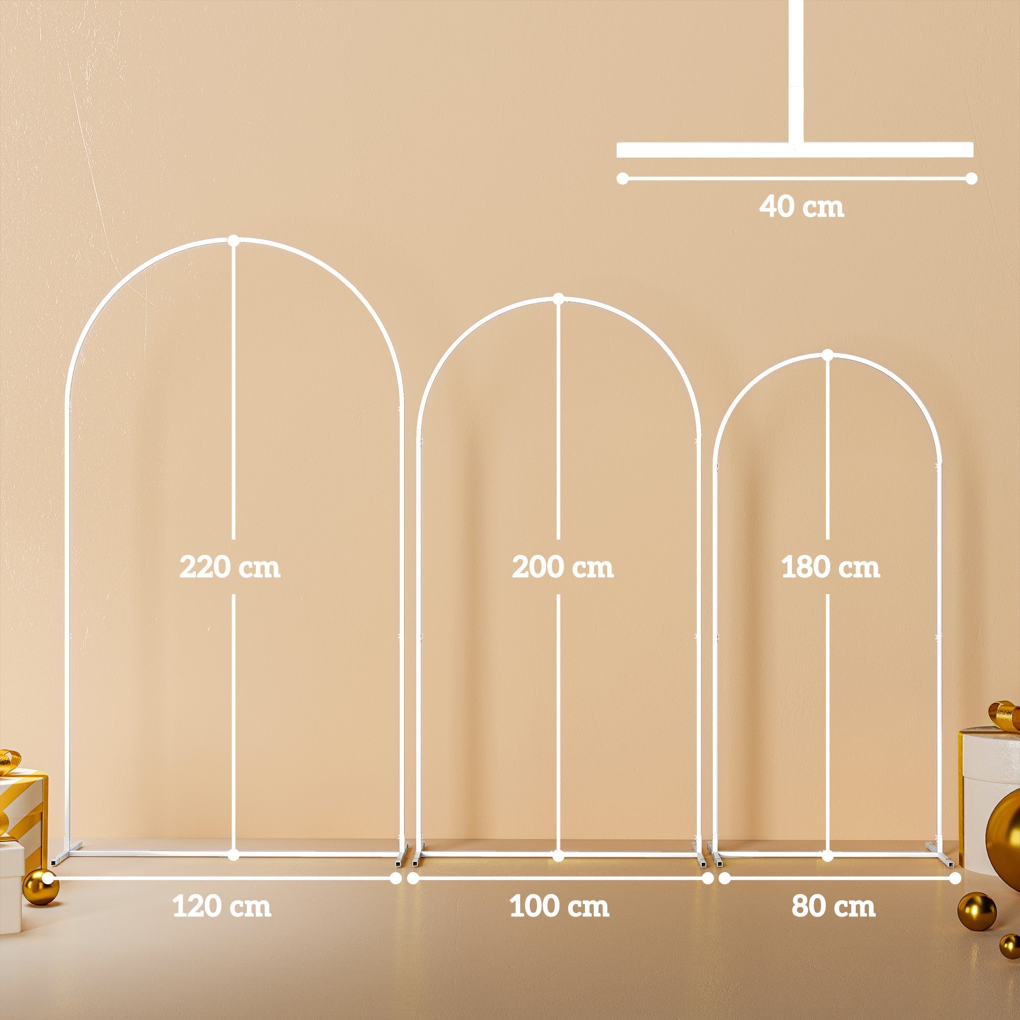 Three white metal outsunny wedding arch stands in 80cm 100cm and 220cm arch dimension for parties and events