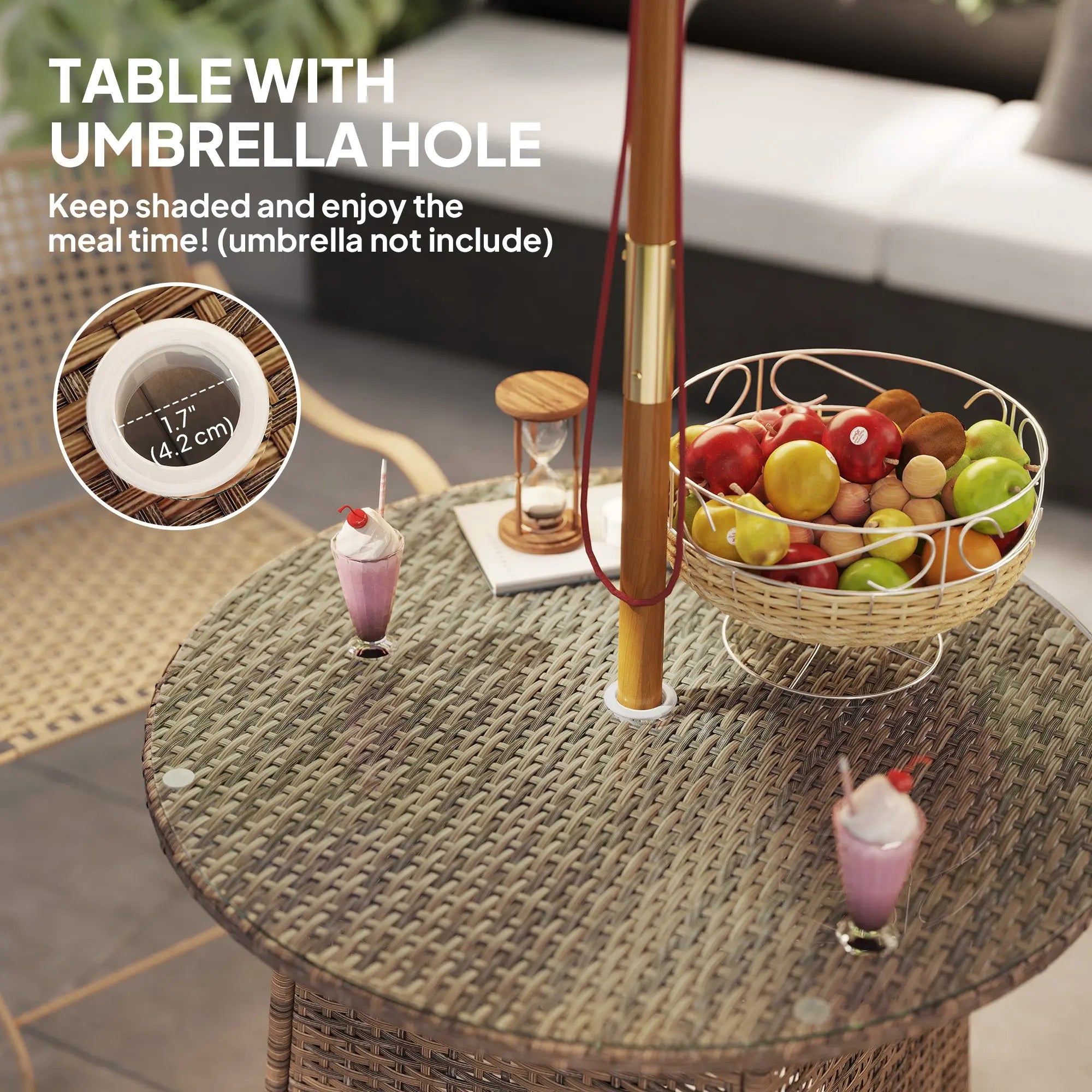 Woven gray rattan table with tempered glass top and central umbrella hole perfect for outdoor patio use