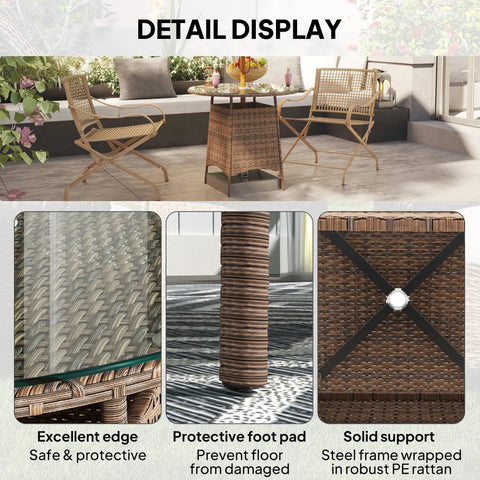 Brown outsunny wicker rattan patio table with tempered glass top steel frame and umbrella hole for outdoor use