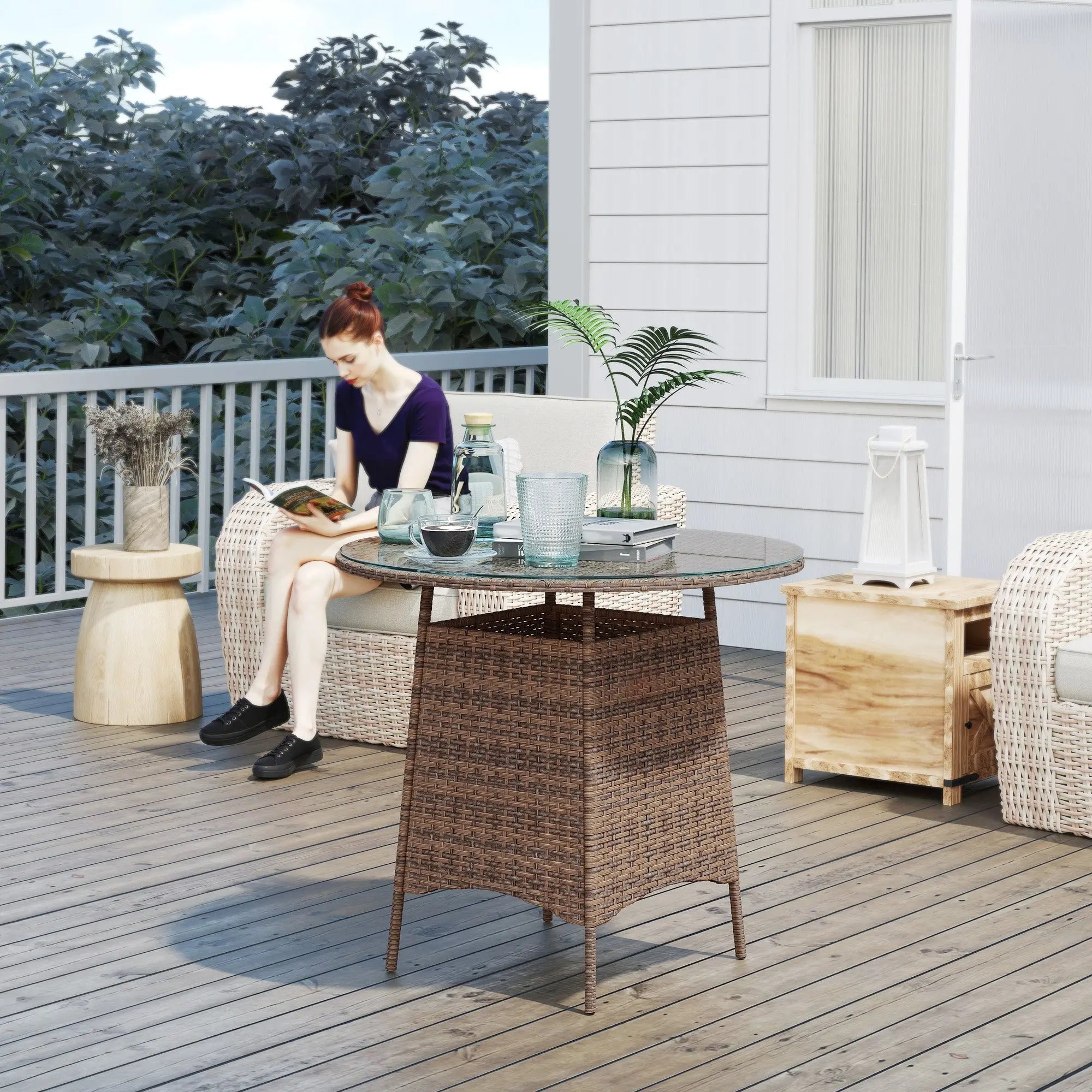 Brown outsunny wicker garden rattan table with tempered glass top and umbrella hole for outdoor patio use