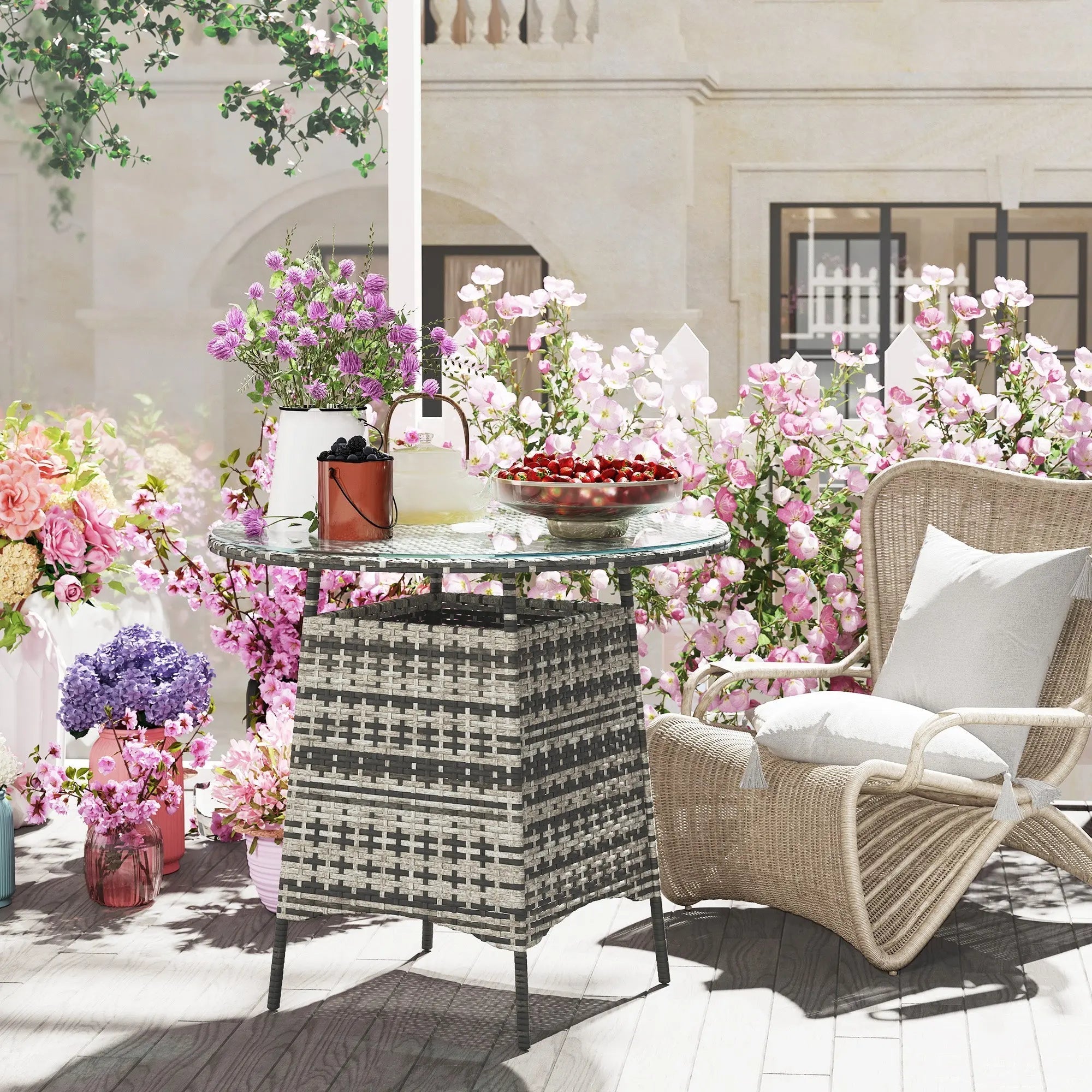Outsunny wicker garden rattan coffee table with gray white woven base, tempered glass top, and umbrella hole for patio use