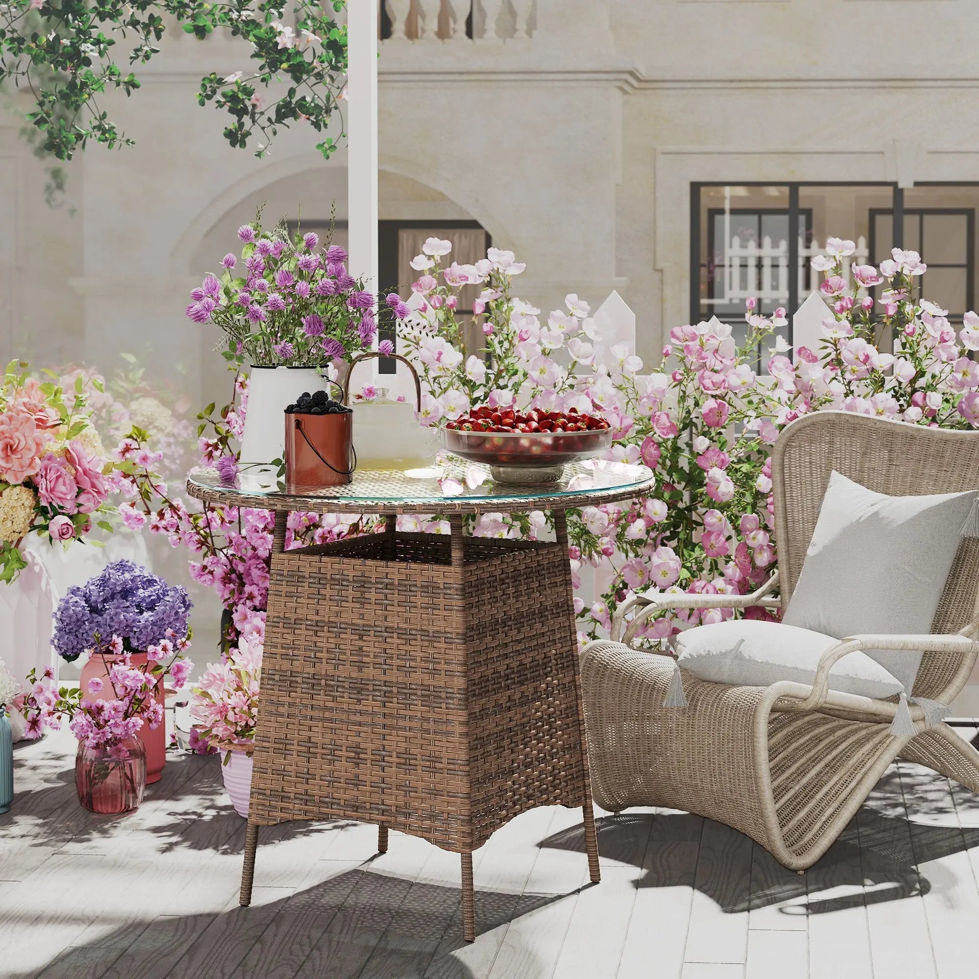 Outsunny brown rattan table with tempered glass top and umbrella hole perfect for outdoor patio use