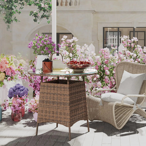 Outsunny brown rattan table with tempered glass top and umbrella hole perfect for outdoor patio use