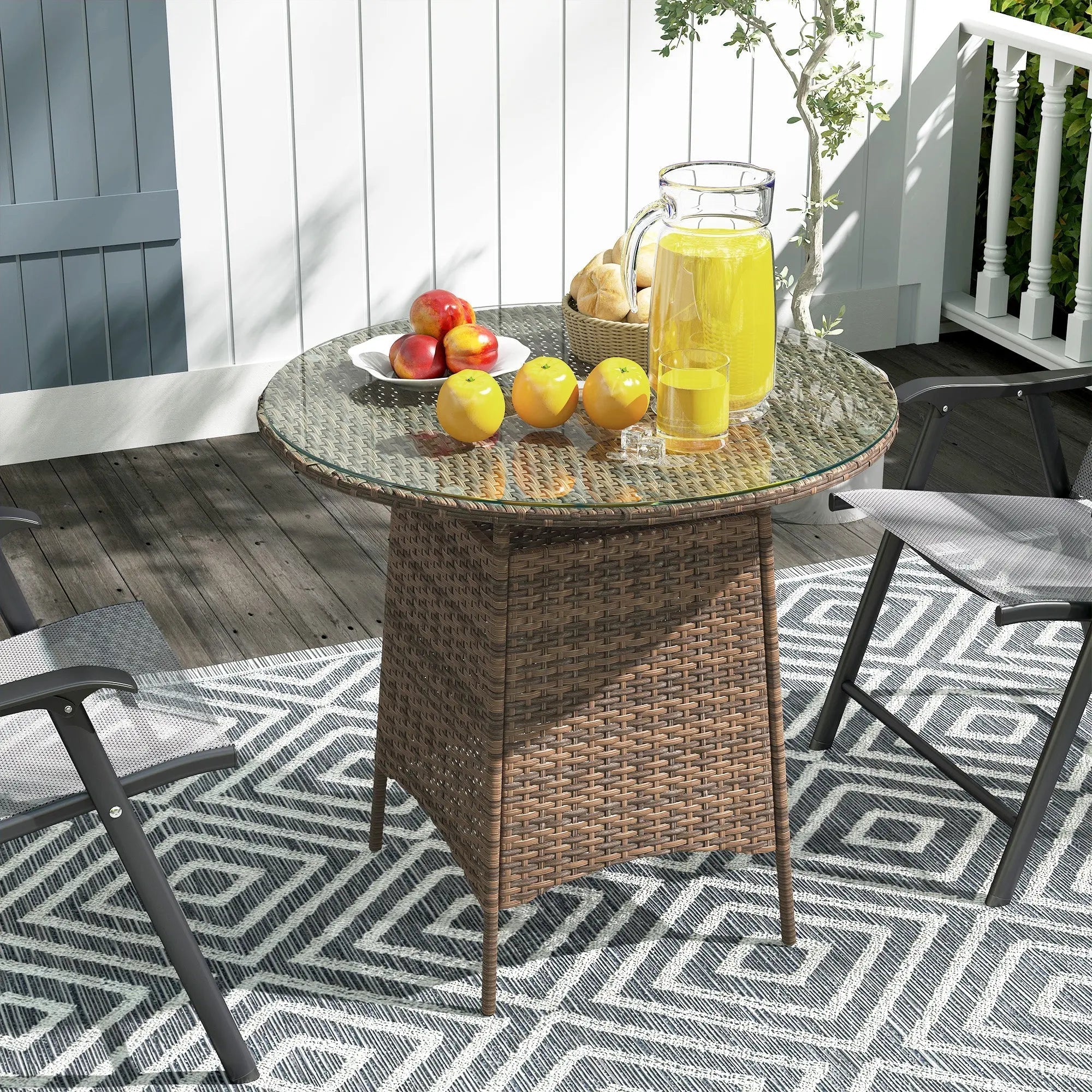 Brown outsunny wicker rattan table with tempered glass top and umbrella hole perfect for outdoor patio use