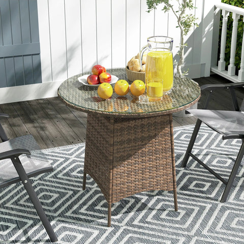 Brown outsunny wicker rattan table with tempered glass top and umbrella hole perfect for outdoor patio use