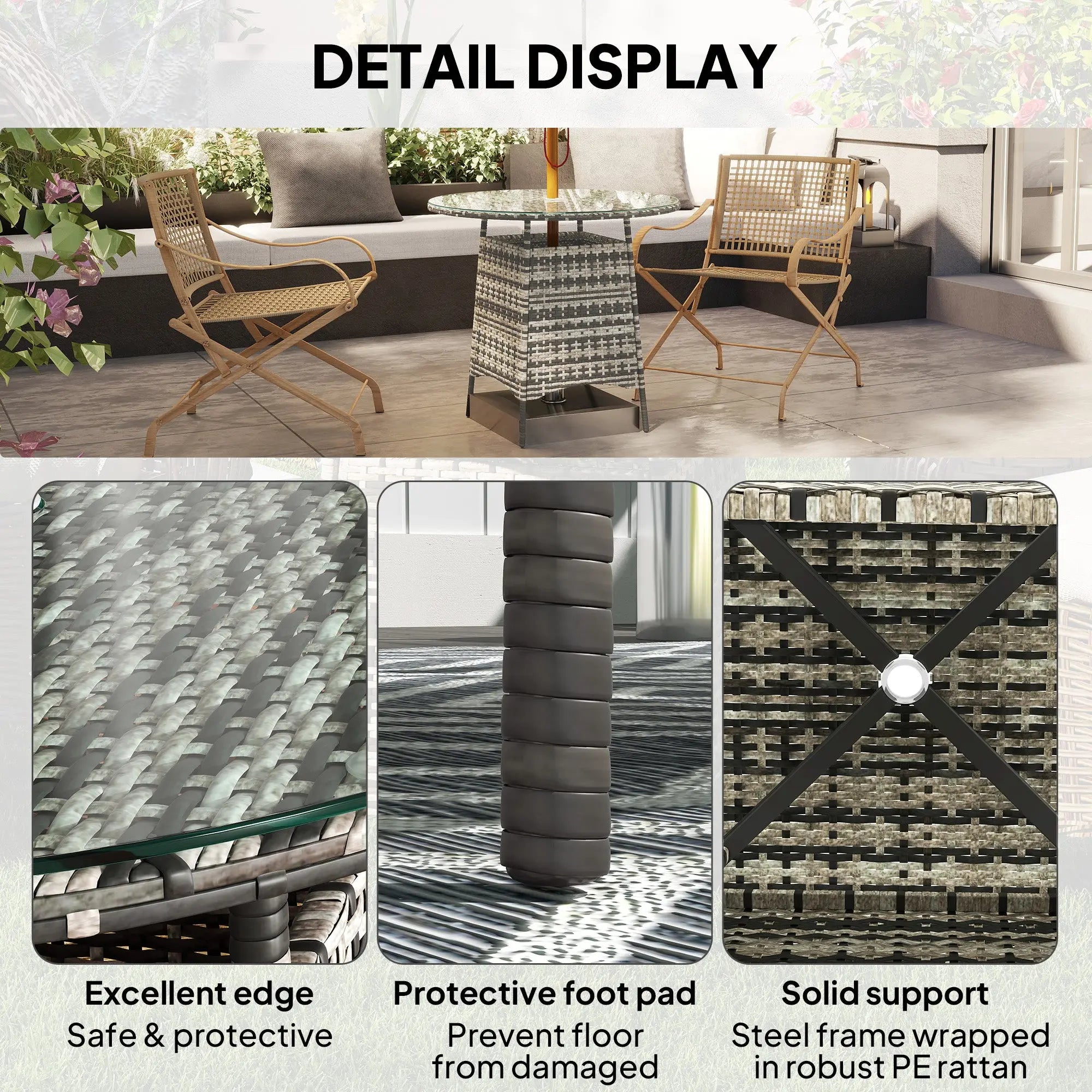 Outsunny gray and black woven rattan table with tempered glass top and umbrella hole perfect for outdoor patio use