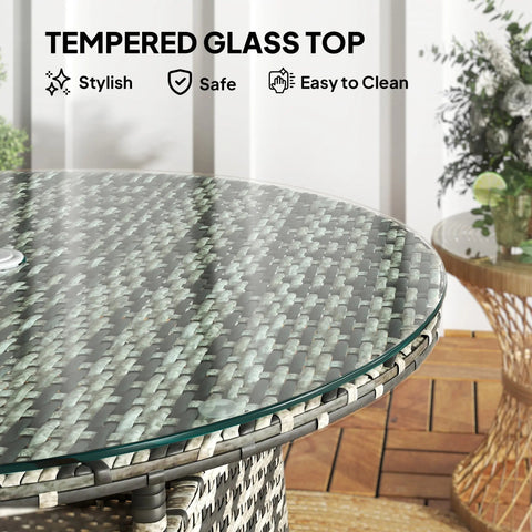 Outsunny wicker garden rattan coffee table with gray white woven frame tempered glass top and umbrella hole