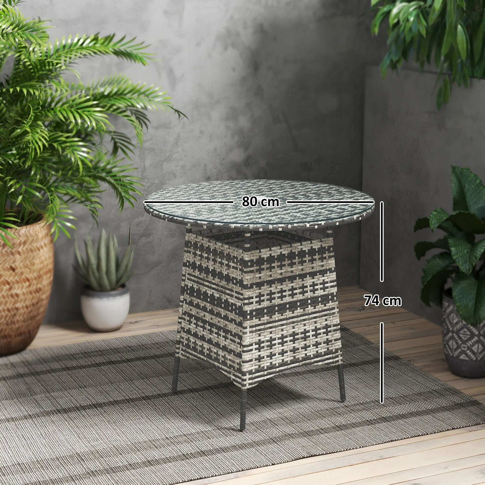 Gray and white woven rattan table with geometric patterned tempered glass top and umbrella hole for outdoor patio use