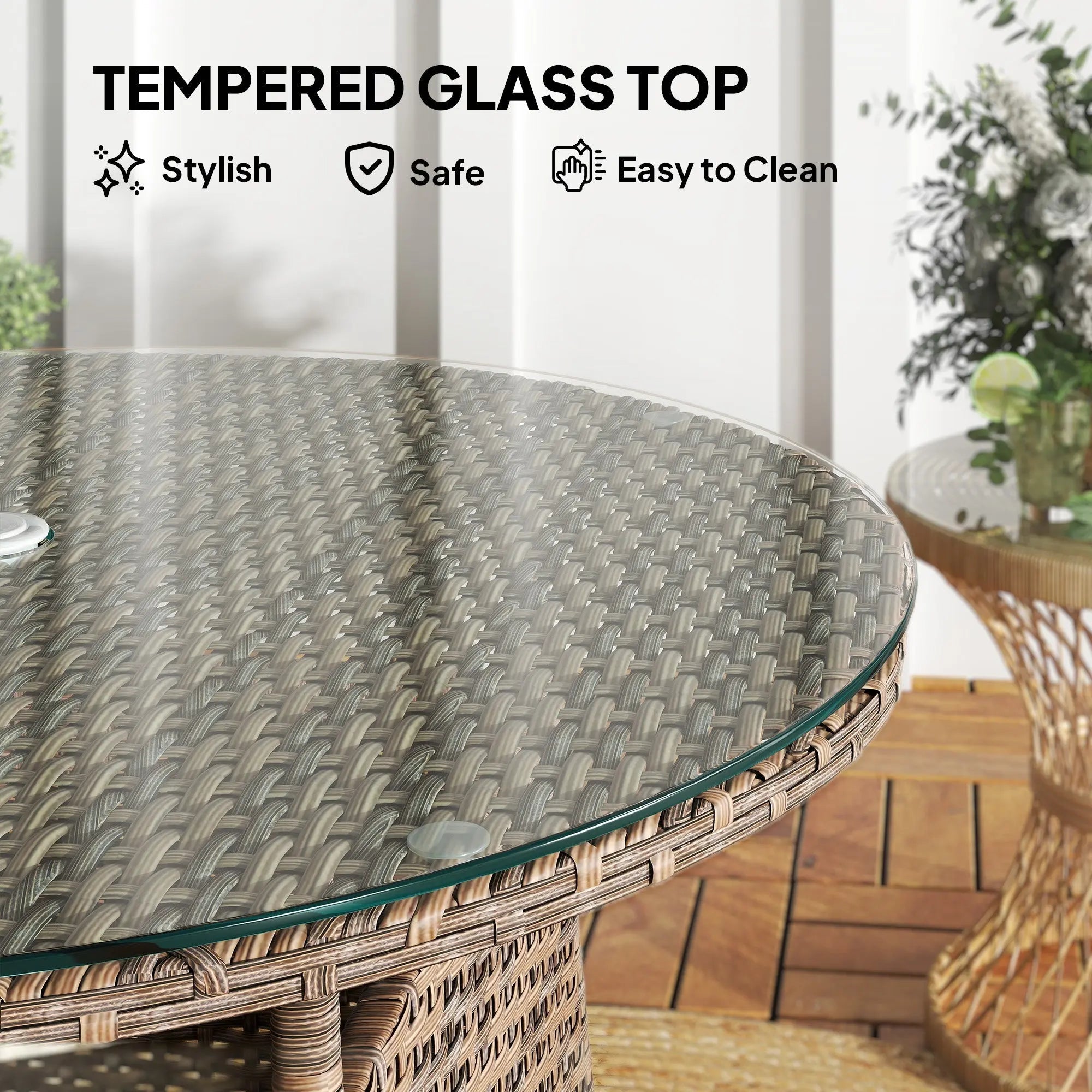 Outsunny wicker garden rattan coffee table with tempered glass top and umbrella hole in natural beige tone